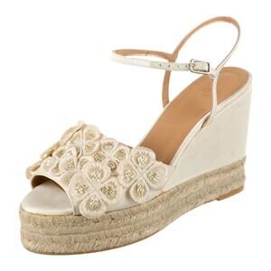 Castaner Satin Floral Motif Espadrille Wedge Sandals White Size 8